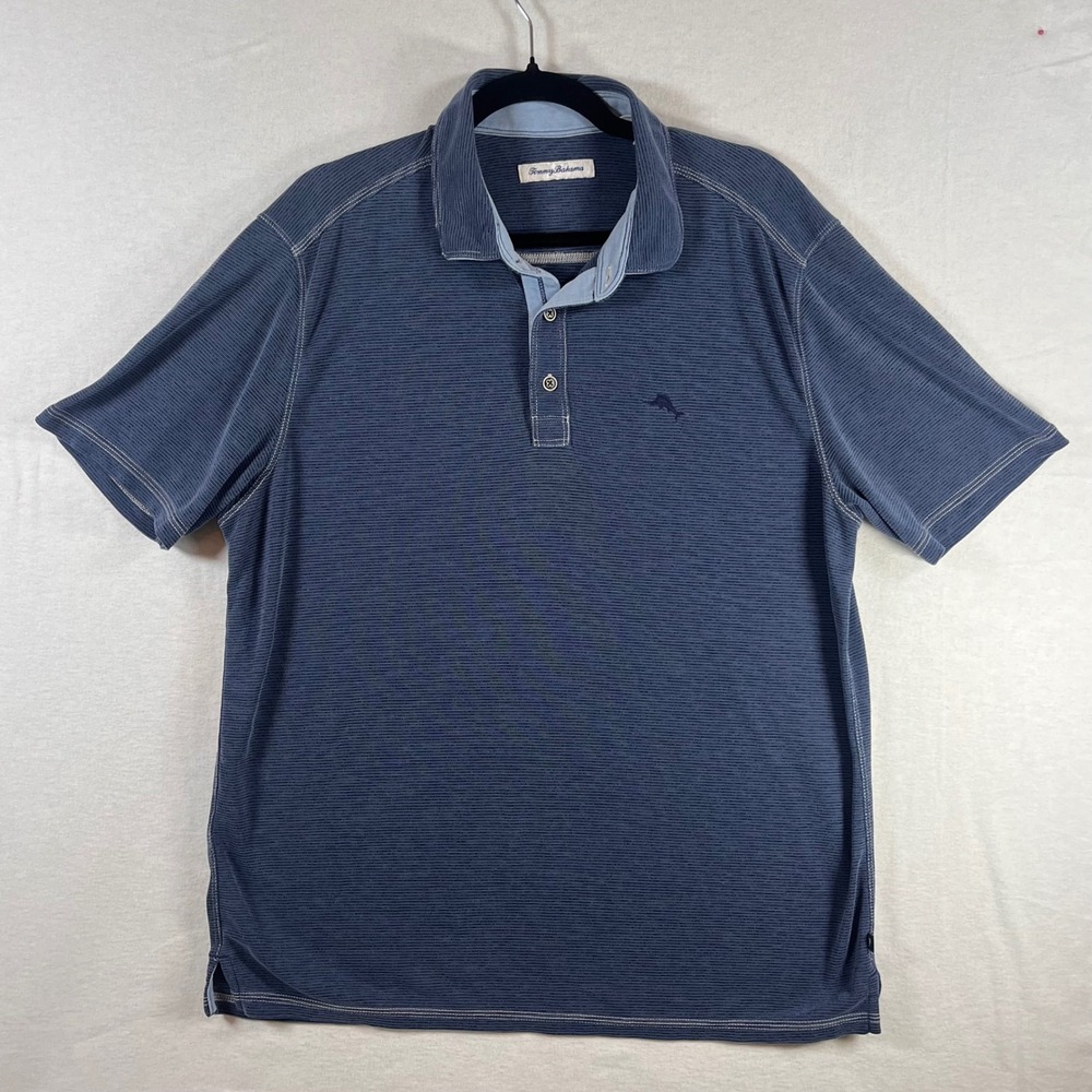 Tommy Bahama Men's Large Blue Stripe Polo Shirt Marlin Logo Golf Casual